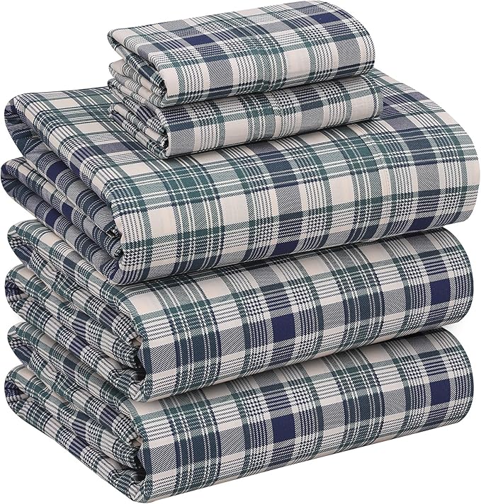 RUVANTI 100% Cotton Sheets – Split King Size Percale Bedding, Cooling & Breathable Floral Design, Durable with a Crisp, Soft & Comfortable Feel, 16" Deep Pocket, 5-Piece Set, Greenish Blue Plaid