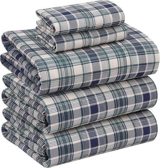 RUVANTI 100% Cotton Sheets – Split King Size Percale Bedding, Cooling & Breathable Floral Design, Durable with a Crisp, Soft & Comfortable Feel, 16" Deep Pocket, 5-Piece Set, Greenish Blue Plaid
