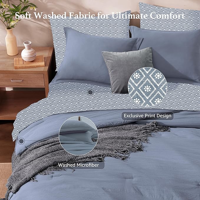 Monbix Queen Comforter Set - 7 Pieces Oxford Blue Prewashed Bed in a Bag Queen Bedding Sets with Comforters, All Seasons Ultra Soft Comforter Bed Set with Sheets,Pillowcases & Shams