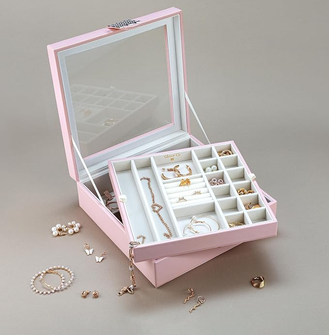 Glenor Co 28 Section Jewelry Box - 2 Layer & Buckle Magnet Closure - Large Glass Top - Leather Design - Soft Pink - Jewelry Organizer for Women & Girls - for Earring Ring Necklace & Bracelet - Image 5