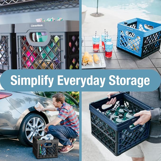 CleverMade Collapsible Milk Crate 25L (6.6 Gal) 3 Pack, 50 lb Capacity Heavy Duty Folding Crate – Stackable Storage Crates with File Rails, Plastic Collapsible Crates - Obsidian - Image 4