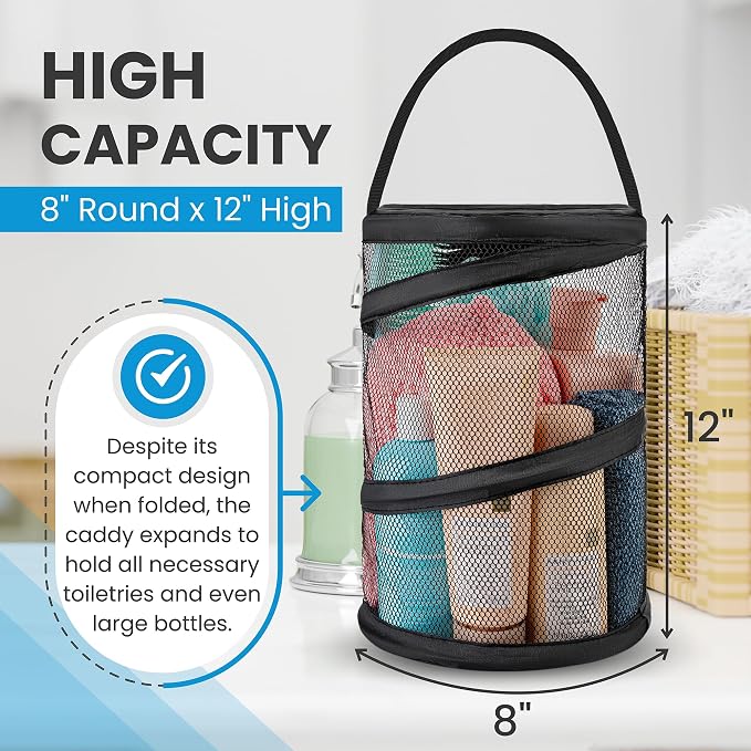 Handy Laundry Foldable Shower Caddy - Collapsible, Portable, Drainage Hole, Carry Handle, Large Compartments, Great Organizer for Camp, Travel, Gym, and Dorm (Black) (Pack of 2) - Image 3