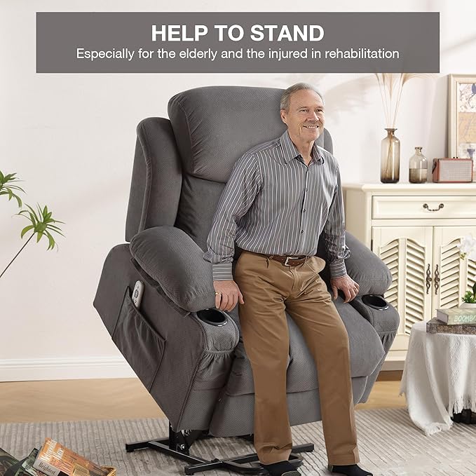 BOSMILLER Power Lift Recliner Chair for Elderly with Vibration Massage and Lumbar Heating Electric Oversized Single Sofa with Cup Holder and USB Charge Port for Living Room
