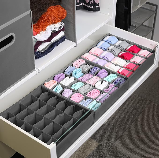 Simple Houseware Sock Drawer Organizer for Dresser/Closet/Bedroom, 3 Pack, Dark Gray - Image 4