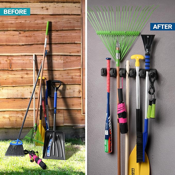 Mop and Broom Holder Wall Mount - Garage Storage Organizer with 5 Slots, 6 Hooks, 7.5lbs Capacity Per Slot - Home, Kitchen, Closet, Garden Tools, Laundry Room Organization – Black Broom Hanger - Image 3