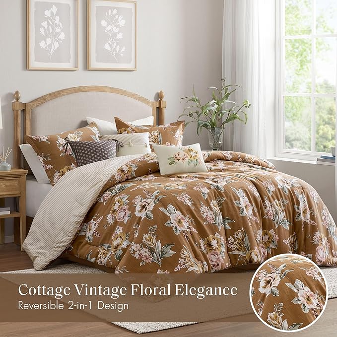 Madison Park Vintage Floral Reversible Comforters King Size Bed, All Season, Down Alternative Bedding Comforter, Bedskirt, Pillows, Shams, Salara, King Terracotta 7 Piece | Reversible