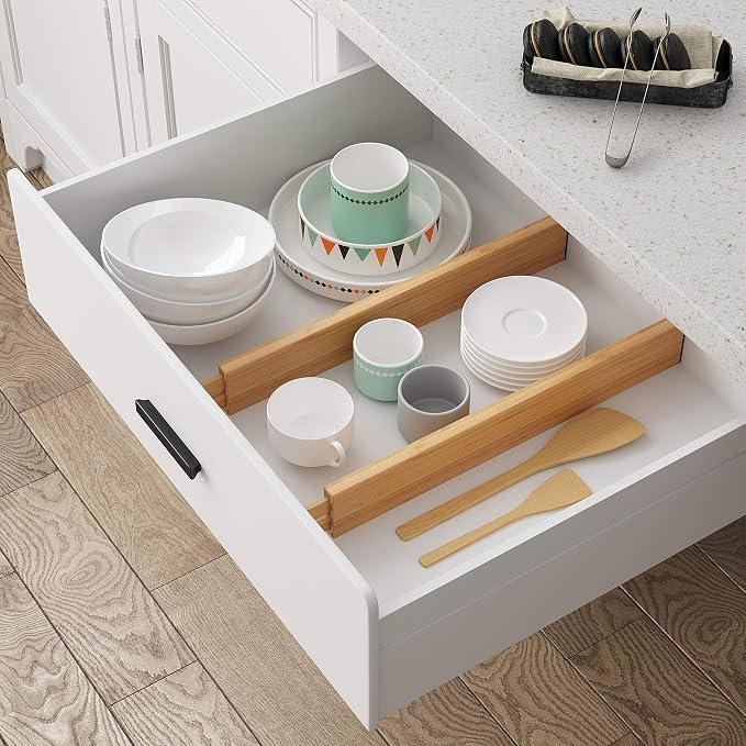 BAMEOS Drawer Dividers kitchen Organization Bamboo Utensil Organizers for Kitchen Bedroom Bathroom Dresser Office 4-pack - Image 3