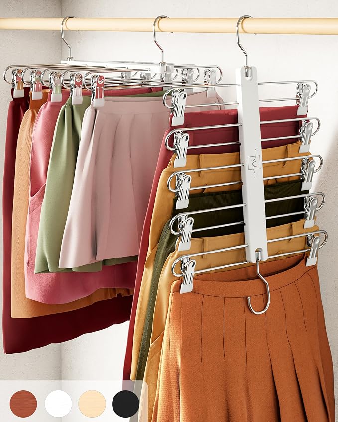 MORALVE Skirt Hangers Space Saving with Clips - 2 Pack - European Beechwood 5-Tier Hanger for Shorts, Skirts, and Pants - Closet Organizer and Storage Solution for Women with 360° Swivel Hook by MORALVE