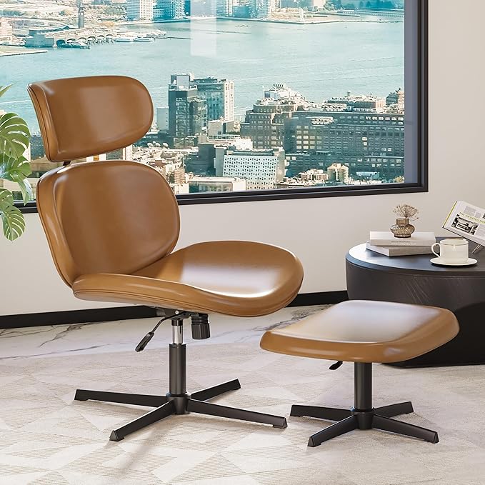 Bestier Swivel Modern Chair with Ottoman No Wheels, PU Criss Cross Reading Chair with Extended Headrest & Adjustable Seat, Modern Armless Ergonomic Chair for Living Room, Brown