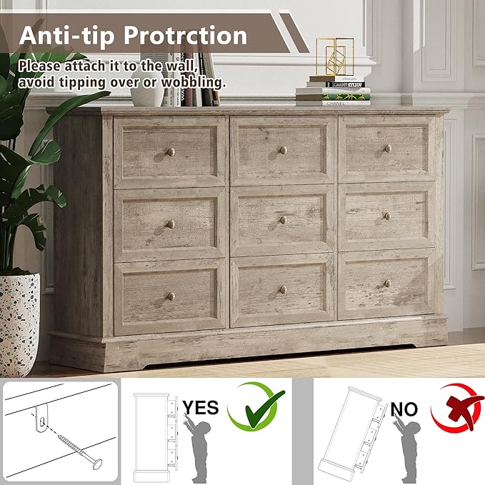 KIGOTY Farmhouse Bedroom Set, 3 Piece Bedroom Furniture Set, 9/5 Drawer Dressers,Rustic Closet Clothes Organizer, Drawer Dresser Set for Home,Grey