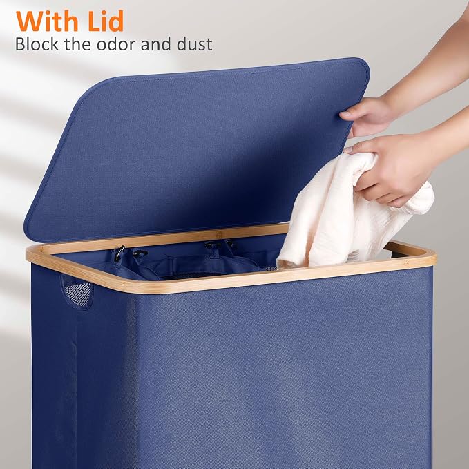 efluky Laundry Hamper with Lid, Trio Laundry Hamper with 3 Removable Bags, 3 Section Laundry Basket with Bamboo Handles for Bathroom, Bedroom & Laundry Room, 160L Blue - Image 3