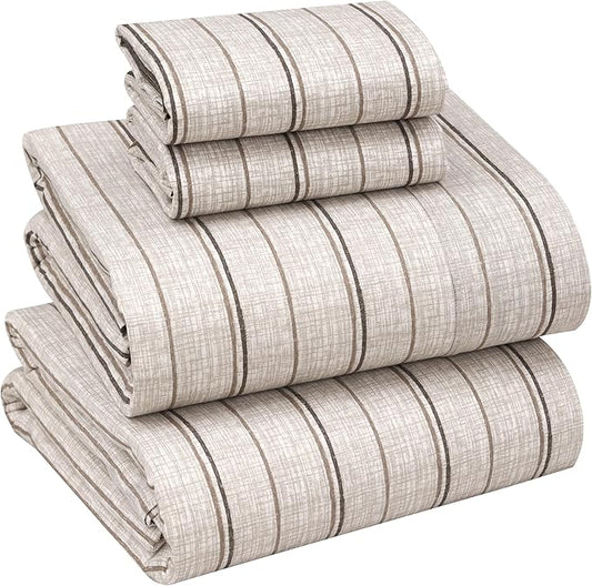 RUVANTI 100% Cotton Sheets – Queen Size Percale Bedding, Cooling & Breathable Floral Design, Durable with a Crisp, Soft & Comfortable Feel, 16" Deep Pocket, 4-Piece Set, Brown Stripes