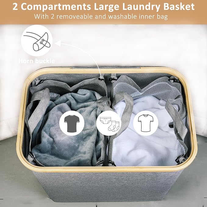 iEGrow 150L Laundry Hamper with Lid-Large Laundry Basket with Bamboo Handles, Grey Hampers for Laundry, Dirty Clothes Hamper with 2 Removable Inner Bags for Clothes Toys Towels - Image 3