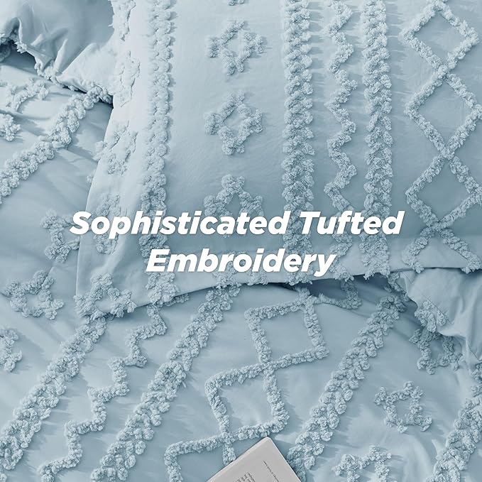 Bedsure Tufted Boho Comforter Set Twin Size - Light Blue Boho Bed Set, GentleSoft™ 2 Pieces Farmhouse Shabby Chic Embroidery Bedding, Gifts for Woman, Soft Jacquard Twin Comforter for All Seasons