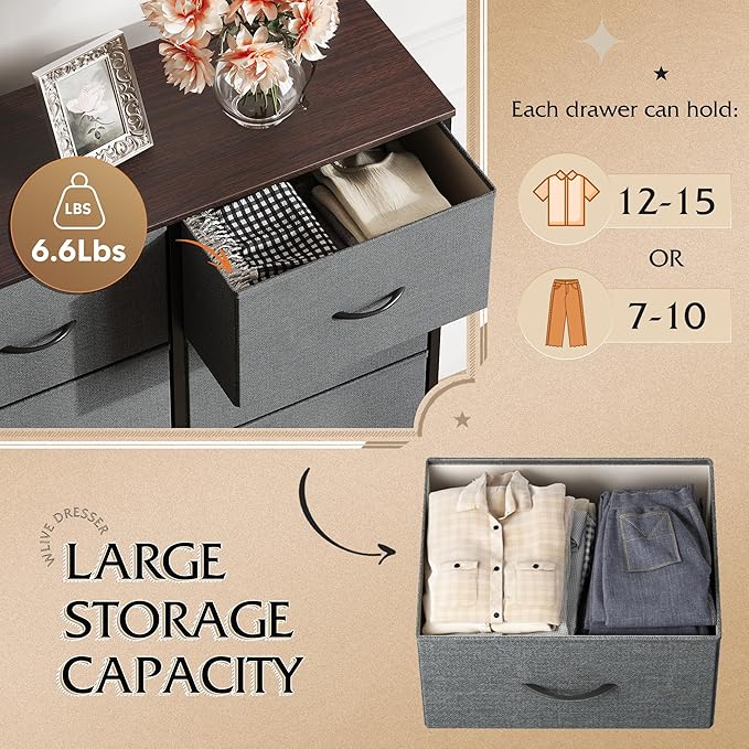 WLIVE Tall Dresser for Bedroom with 10 Drawers, Chest of Drawers, Dressers Bedroom Furniture, Grey Dresser with Fabric Bins for Closet, Hallway, Living Room, Entryway, Dark Grey