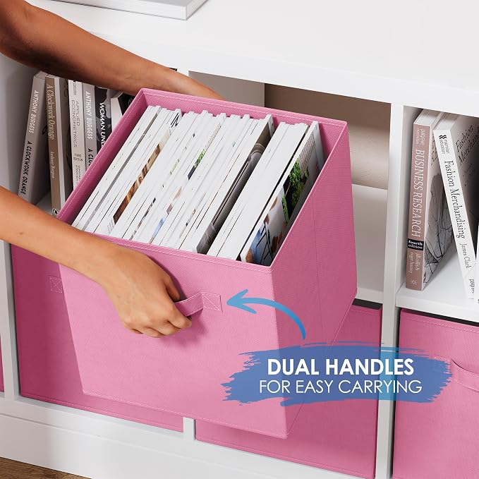Storage Cubes - 11 Inch Cube Storage Bins (Set of 8). Fabric Cubby Organizer Baskets with Dual Handles | Foldable Closet Shelf Organization Boxes (Light Pink) - Image 4