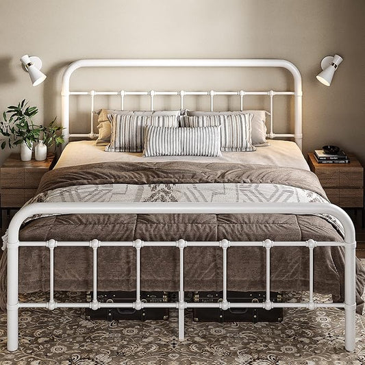 Allewie Full Size Metal Platform Bed Frame with Victorian Style Wrought Iron-Art Headboard/Footboard, No Box Spring Required, White