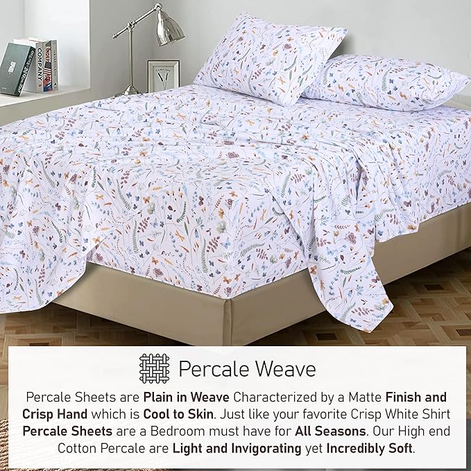 RUVANTI 100% Cotton Sheets – Twin XL Size Percale Bedding, Cooling & Breathable Floral Design, Durable with a Crisp, Soft & Comfortable Feel, 16" Deep Pocket, 3-Piece Set, Fern Class