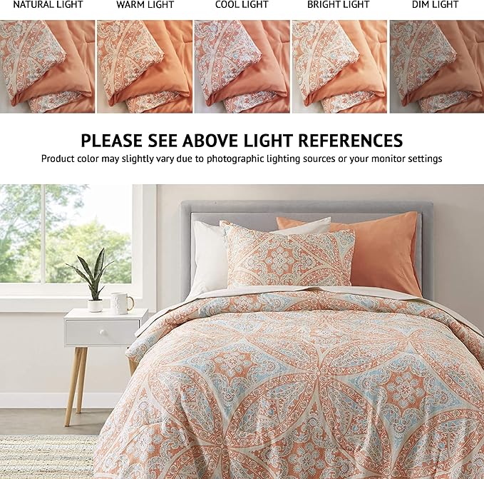 Comfort Spaces Bed in A Bag - Trendy Casual Design Cozy Comforter with Complete Sheet Set with Side Pocket, All Season Cover, Matching Shams, Twin XL(66 in x 90 in), Gloria, Damask Coral 6 Piece