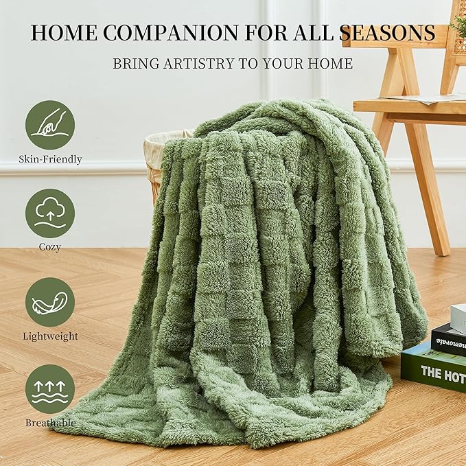 Aganear Blanket Queen Size - Cozy Soft Checkered Throw Blanket for Couch, Sofa, Bed, Office, Warm Decorative Present for Birthday, Christmas(90"x90", Sage Green)