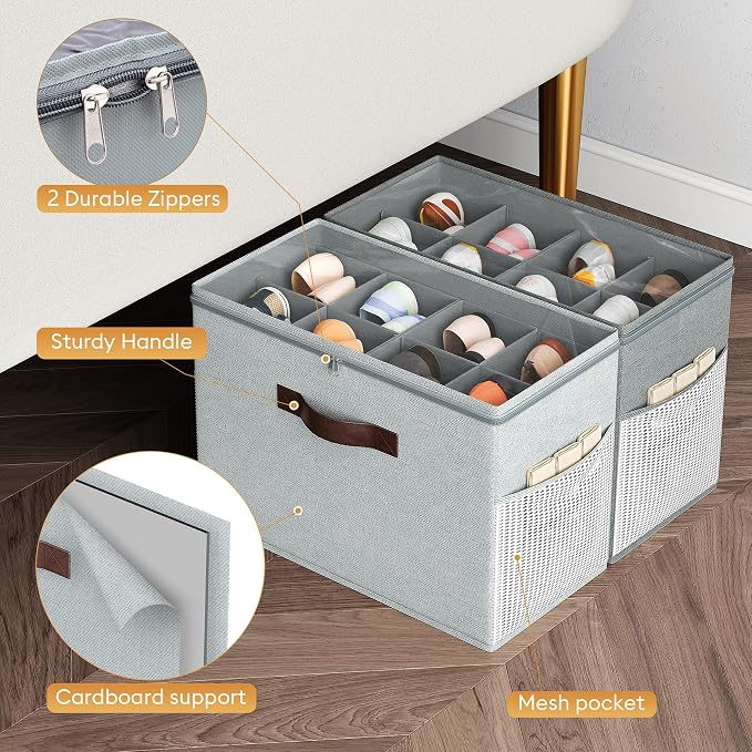 Budding Joy 2 Pack Shoe Organizer for Closet, Clear Foldable Shoe Storage Containers Adjustable Dividers Fits 16 Pairs,Shoe Storage Bins Baskets Boxes with Reinforced Handles Light Grey Greenish Grey - Image 4