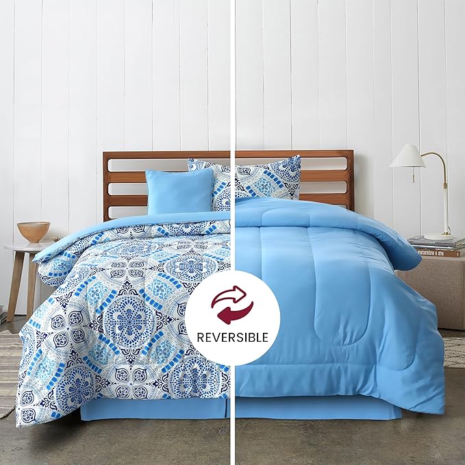 LUX Décor Reversible 4pc Twin Comforter Set, Printed Bedding Set, All-in-One Bed in a Bag, Includes 1 Comforter, 1 Pillow Sham, 1 Decor Pillow & 1 Bed Skirt (Aztec Sky,Twin)