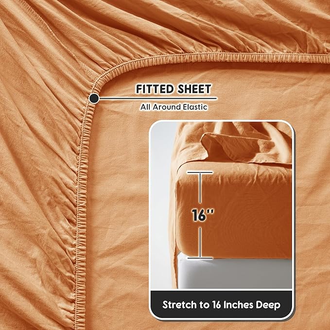 SONORO KATE 100% French Pure Linen Sheets, Breathable and Durable Linen King Size Sheets, Anti-Tear Linen Bed Sheets, Machine Washable, 16 Inch Deep Pocket - 4 Piece (Orange, King)