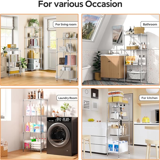 M MZG 4 Tiers Shelf Metal Storage Shelves Wire Rack Closet Organizers with Wheel for Garage Kitchen Bathroom Laundry Chrome 11.8" D x 17.7" W x 41.9" H - Image 6