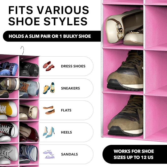 Simple Houseware 20 Section Shelves Hanging Shoes Organizer Holder for Closet, Pink - Image 4