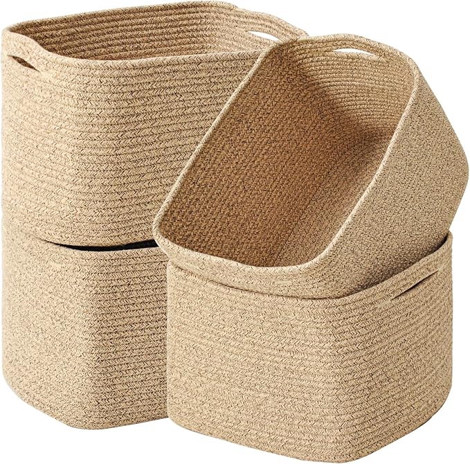 ICERZCZ Storage Baskets for Organizing & Shelves, Woven Cotton Rope Organization Bins for Dog Toys, Clothes, Books, Nursery Organizer, 15" Lx11''Wx9.5''H, (4 Packs) Brown by ICERZCZ