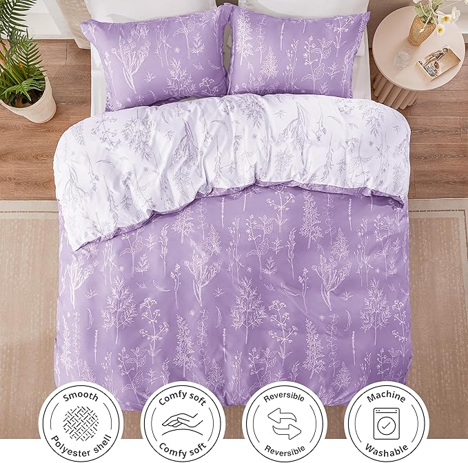 Love's cabin Lavender Twin Comforter Set - Twin XL Size Comforter Set Dorm Bedding, 2 Pieces Cute Floral Bedding, Soft Reversible Flowers Comforter, 1 Comforter & 1 Pillow Sham