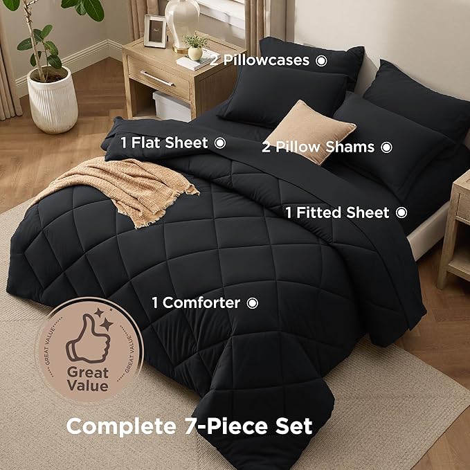 Bedsure Premium Series 7 Piece Black King Comforter Set, Goose Down Alternative, All Season Medium Warmth, Soft Hotel Luxury Bed in a Bag, Safe for Sensitive Skin, Includes Sheets Pillowcases & Shams