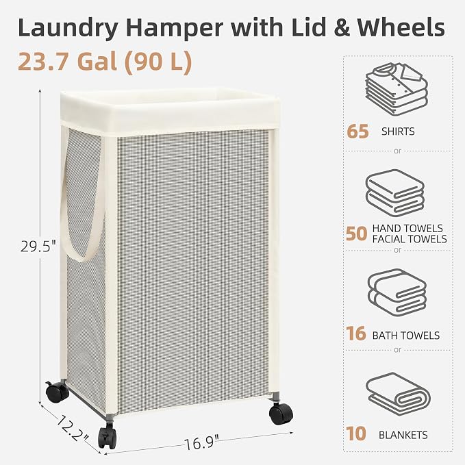 STORAGE MANIAC Laundry Hamper with Wheels, 90L (23.7 Gal) Large Tall Rolling Laundry Basket with Removable and Washable Liner Bag, Aesthetic Dirty Clothes Hamper for College, Dorm, Off-white - Image 3