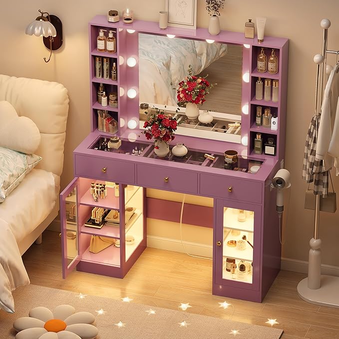 HUANLEGO Purple Vanity Desk with Mirror and Lights, Glass Top Vanity with Lighted Mirror & RGB Glass Cabinet and 3 Drawers, Makeup Desk with Lights Dressing Table for Bedroom, 3 Color Modes