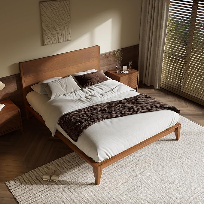 Merax Full Size Bamboo Platform Bed, Mid-Century Modern Bed Frame with Tall Headboard, Solid Sustainable Bedframe Full-Size, Wood Slat Support, No Box Spring Needed, Easy Assembly, Noise Free, Brown