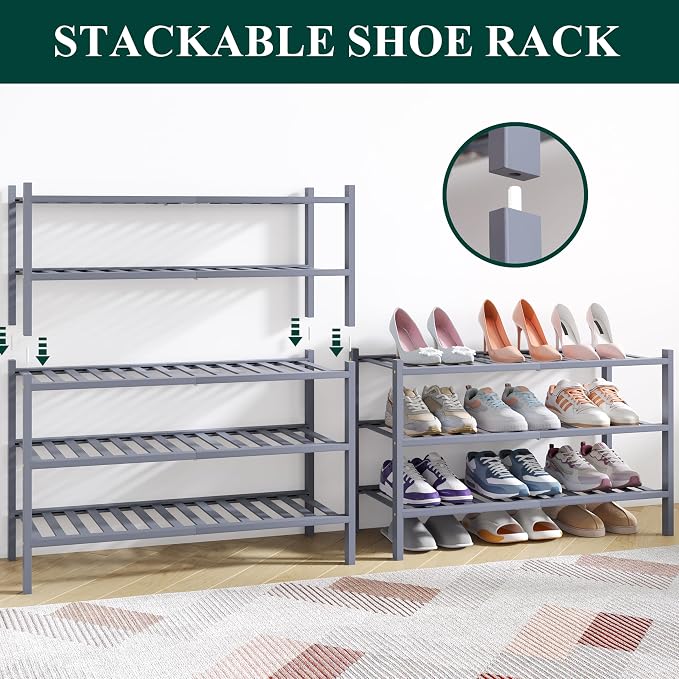 Smiry Bamboo Shoe Rack for Closet, 3 Tier Wooden Stackable Shoe Organizer, Free Standing Shoes Storage Shelf for Entryway, Front Door Entrance, Grey - Image 4