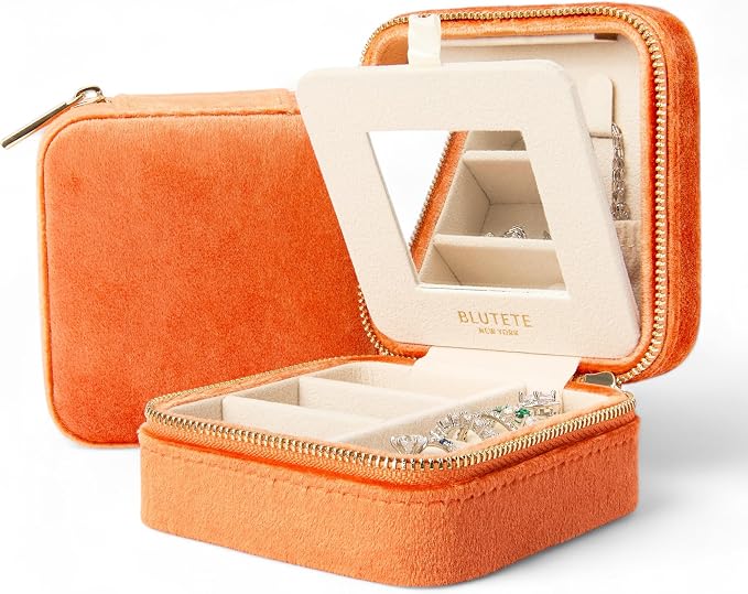 BLUTETE Travel Jewelry Box Organizer Velvet Travel Case With Mirror Rings Earrings Necklaces Storage Organizer Box (Orange) by BLUTETE