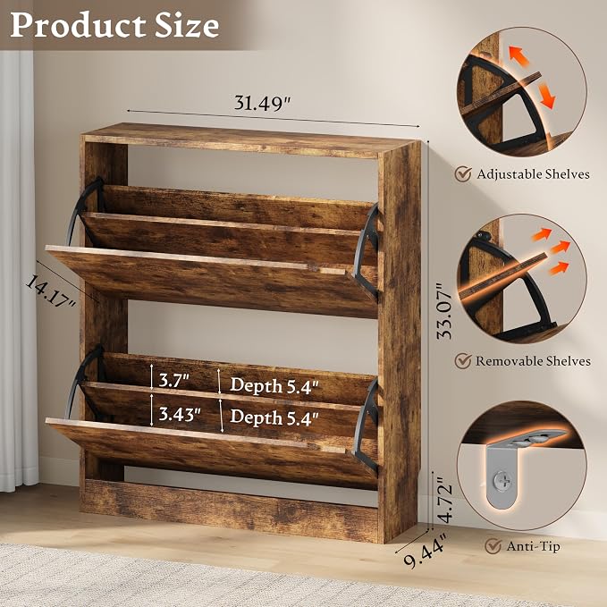 BORNOON Shoe Cabinet with 2 Flip Drawers, Slim Narrow Shoe Storage Cabinet, Freestanding Shoe Organizer with Adjustable & Removable Shelves, Top Display Shelf for Entryway, Hallway, Foyer, Closet - Image 2