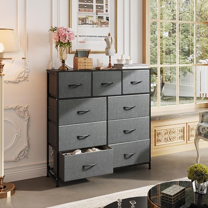 WLIVE 9-Drawer Dresser, Fabric Storage Tower for Bedroom, Hallway, Entryway, Closet, Tall Chest Organizer Unit with Fabric Bins, Steel Frame, Wood Top, Easy Pull Handle, Dark Grey - Image 8