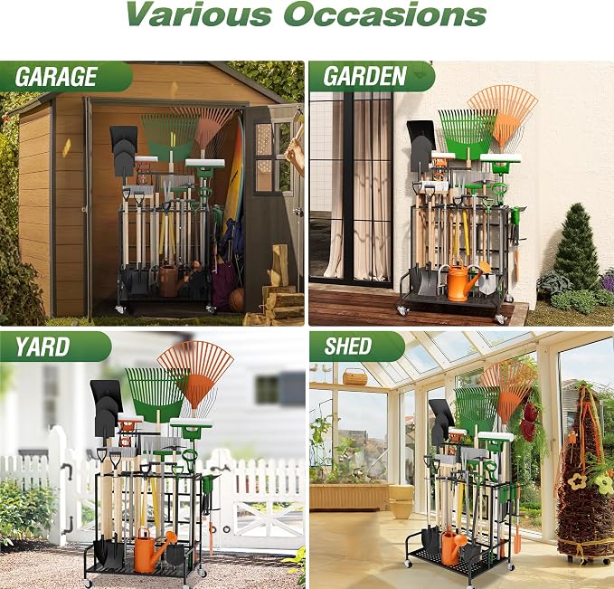Garden Tool Organizer Rack with Wheels Up to 39 Tools, Heavy-Duty Steel Yard Tool Organizer for Garage Storage with 12 Hooks, Broom Holder & Garden Tool Rack for Shed, Patio, Outdoor Use, Black - Image 7