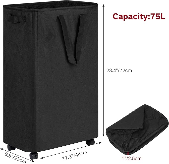 efluky Slim Laundry Hamper with Wheels, Rolling Laundry Basket for Clothes, Small Laundry Basket for Bedroom, Dorm and Laundry Room, 75L (19.8 Gallons) Black - Image 2