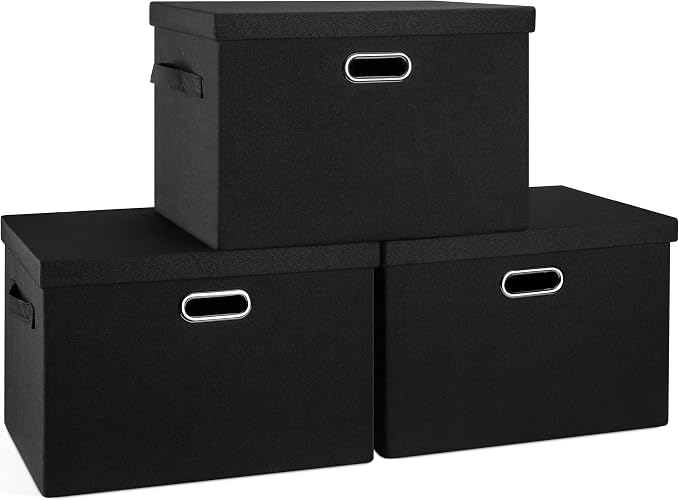 Graciadeco Large 17" 36 Quart Collapsible Stackable Storage Bins with Lids, 3 Packs Black Linen Fabric Closet Boxes with Lids, Storage Cube Baskets Container Organizers for Bedroom Office(17 x12 x11) by GraciadecoStorage