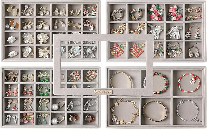 Frebeauty Earring Holder Stackable Jewelry Trays,Velvet Drawer Jewelry Organizer with Glass Lid, 5 in 1 Jewelry Box for Earrings Rings Studs,10.5 x 6.5 x 5.55 Inches Gift for Women (Grey) by Frebeauty