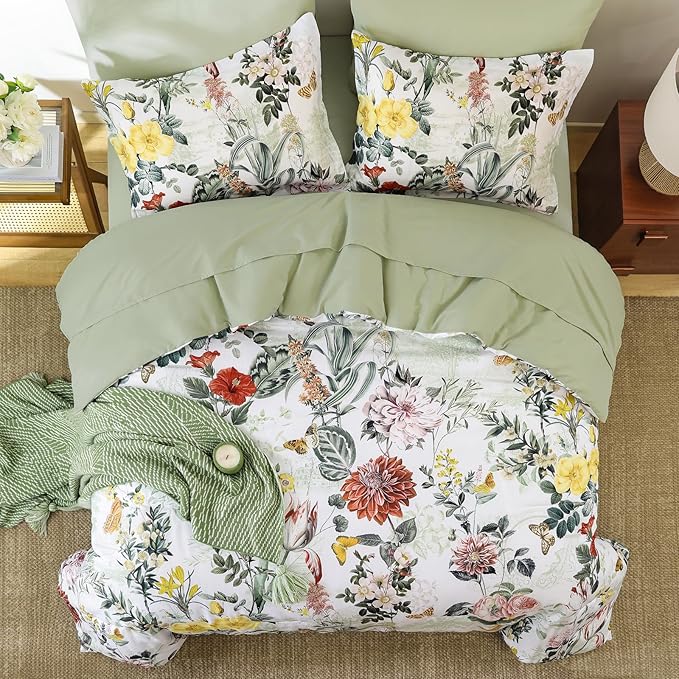 WONGS BEDDING Sage Green Comforter Set Full,7 Pieces Floral Comforter Set for All Seasons,Bed in a Bag Full with Botanical Flowers Comforter, Sheets, Pillowcases & Shams