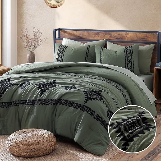 MaiRêve Embroidery Comforter Set, Boho Farmhouse Western Bedding Set, All Season Bed in A Bag Comforter Set with Sheets, Pillowcases & Shams, Olive Green Full 7 Pieces