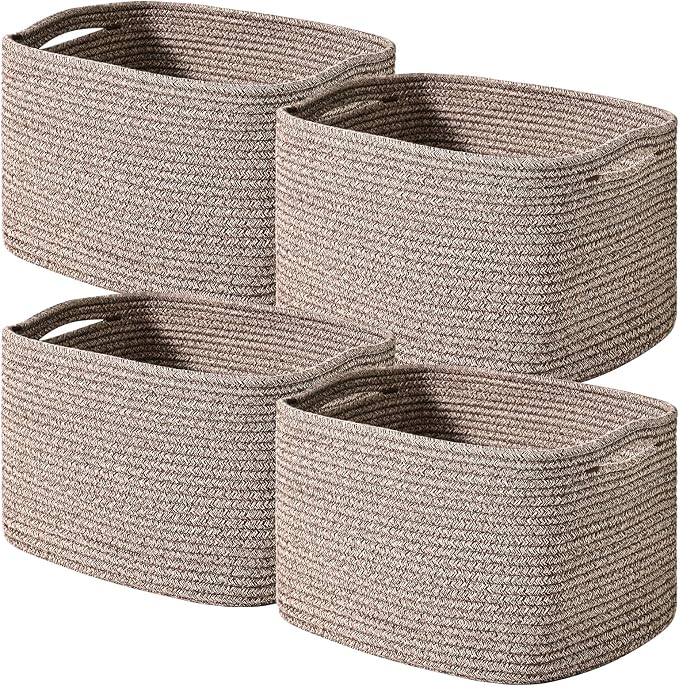 ICERZCZ Storage Baskets for Shelves Organizing, Woven Cotton Rope Baskets for Storage, Book Basket, Decorative Shelf Basket, 12.5"Lx9.1''Wx7.9''H (4 Packs) Dark Brown by ICERZCZ