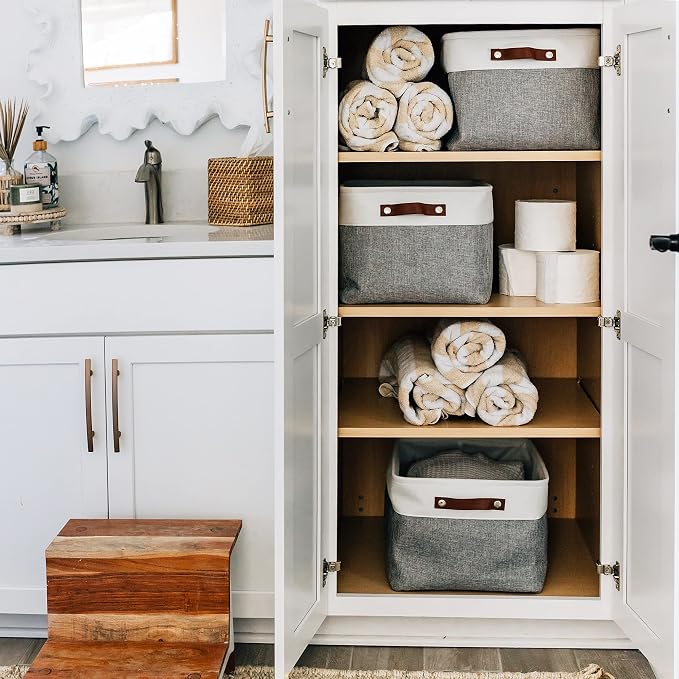 OrganiHaus Extra Large Fabric Storage Baskets for Shelves 3 Pack, 16x13in Closet Storage Bins, Canvas Baskets for Organizing, Linen Closet Organizers, Cloth Basket, Gray/Off-White - Image 6