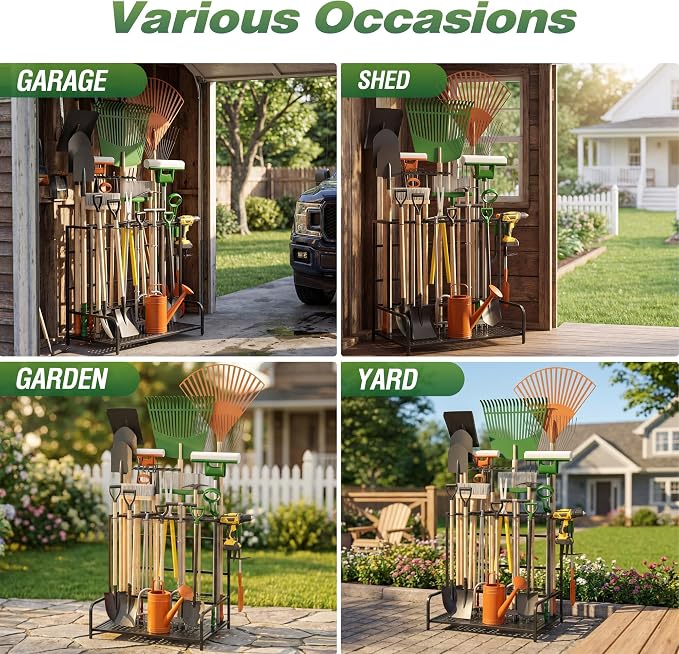Sttoraboks Garden Tool Organizer Rack Up to 39 Tools, Heavy-Duty Steel Yard Tool Organizer for Garage Storage with 12 Hooks, Broom Holder & Garden Tool Rack for Shed, Patio, Outdoor Storage, Black - Image 3