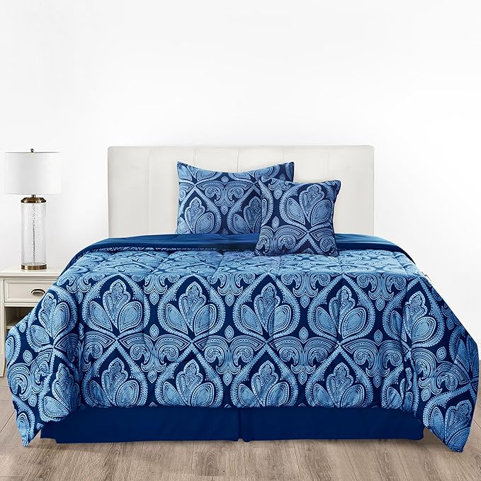 LUX Décor Reversible 4pc Twin Comforter Set, Printed Bedding Set, All-in-One Bed in a Bag, Includes 1 Comforter, 1 Pillow Sham, 1 Decor Pillow & 1 Bed Skirt (Paisley Navy,Twin)