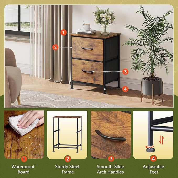 WLIVE Night Stand Set of 2, Small Dresser with 2 Drawers & Wooden Top, Nightstand with Fabric Bins, Bedside Table End Table for Bedroom, Closet, Entryway, College Dorm, Rustic Brown